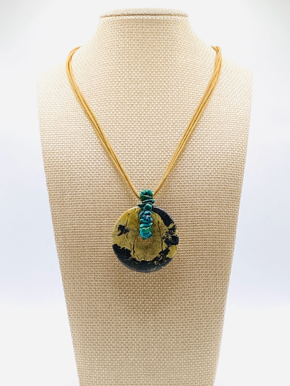 Natural Stone Donut Pendant Necklace Turquoise Chip Multi Strand Cord Boho